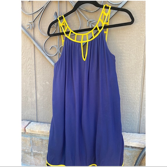 Navy dress with yellow ladder cut out details-pockets!see details for sizing - Picture 2 of 5